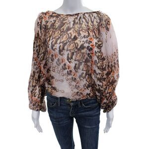 Single Women 100% Silk Beige Animal Print Long Sleeve Round Neck Blouse Size M
